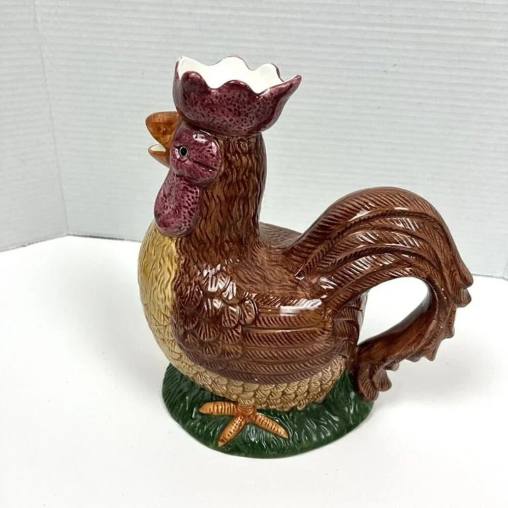 Vintage Block Hand Painted Rooster Chicken Pitcher‎ Cottage Farm House Decor EUC